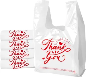 100 Pack White Thank You T-Shirt Bags - 11.5"x6.5"x21" Reusable Grocery Bags with Handles, Eco-Friendly Retail Packaging for Supermarket & Small Business