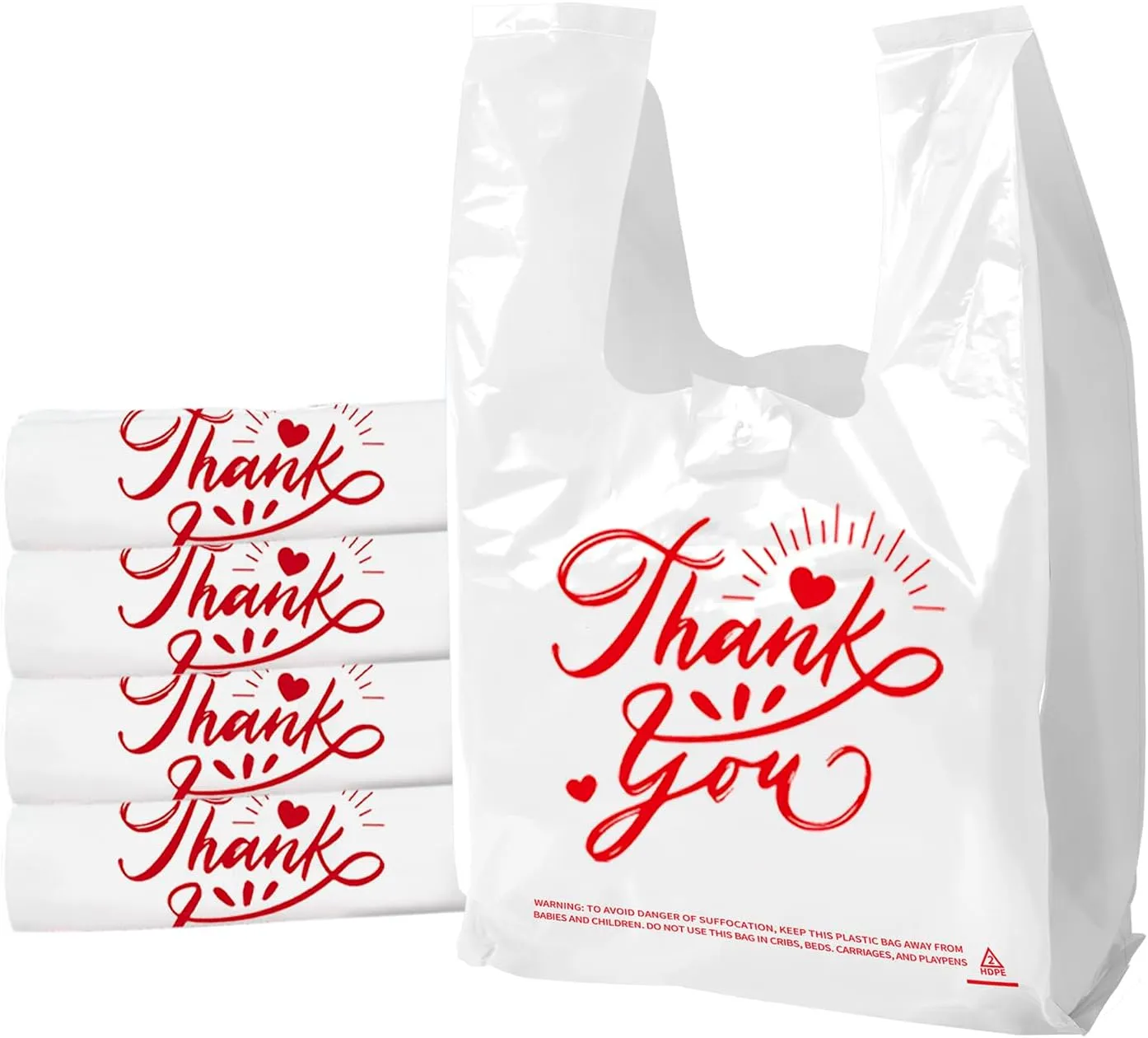 100 Pack White Thank You T-Shirt Bags - 11.5"x6.5"x21" Reusable Grocery Bags with Handles, Eco-Friendly Retail Packaging for Supermarket & Small Business