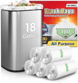18 Gallon 100 Counts Compactor Bag Tall Kitchen Trash Bags,Fit 15,16,18,20Gal,Garbage Bags by Teivio, Unscented,Bin Liners, Plastic Bags for home,for Bathroom,Office,Industrial,Clear