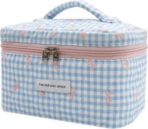 1pc Large Makeup Bag, Cute Cosmetic Bag for Women Girls, Floral Coquette Aesthetic Toiletry Bag, Travel Make Up Organizer Bag (Blue Plaid Bow
