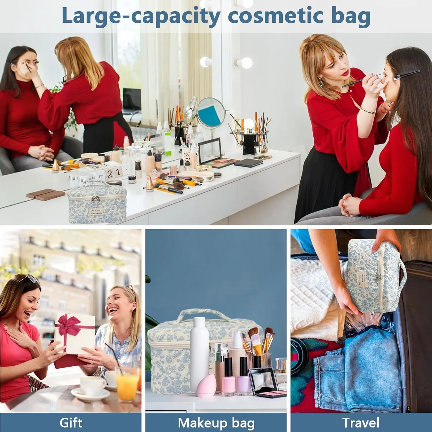 1pc Large Makeup Bag, Cute Cosmetic Bag for Women Girls, Floral Coquette Aesthetic Toiletry Bag, Travel Make Up Organizer Bag (Blue Plaid Bow