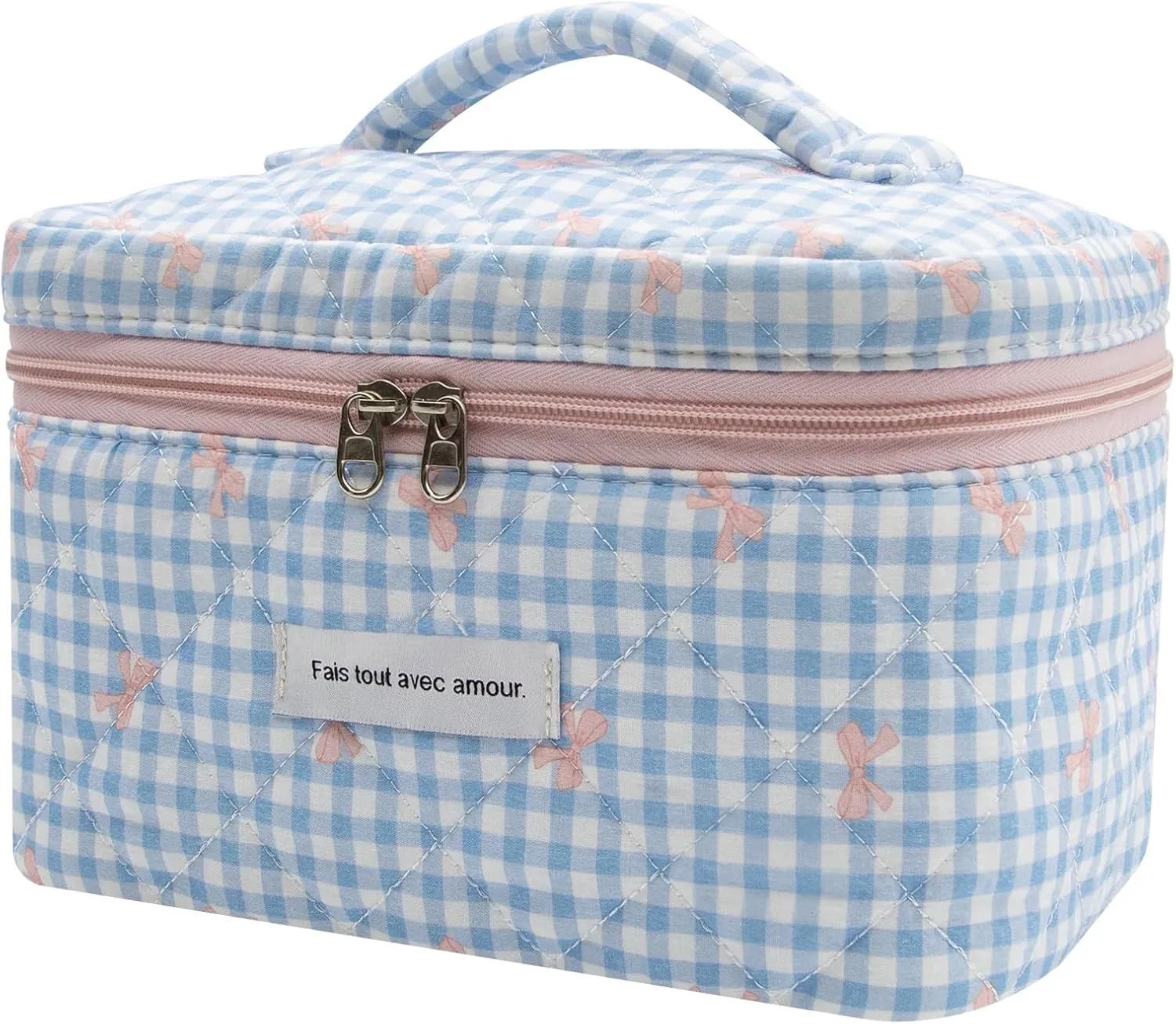 1pc Large Makeup Bag, Cute Cosmetic Bag for Women Girls, Floral Coquette Aesthetic Toiletry Bag, Travel Make Up Organizer Bag (Blue Plaid Bow
