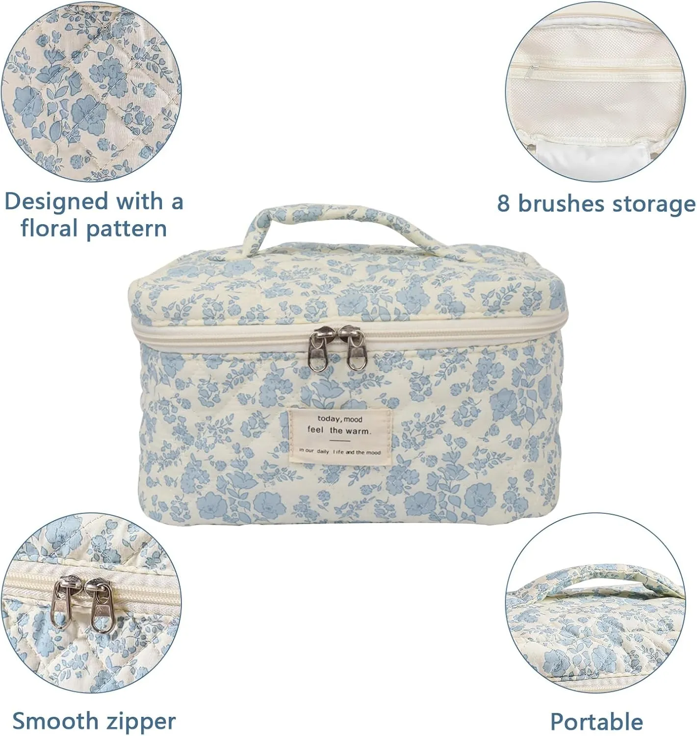 1pc Large Makeup Bag, Cute Cosmetic Bag for Women Girls, Floral Coquette Aesthetic Toiletry Bag, Travel Make Up Organizer Bag (Blue Plaid Bow