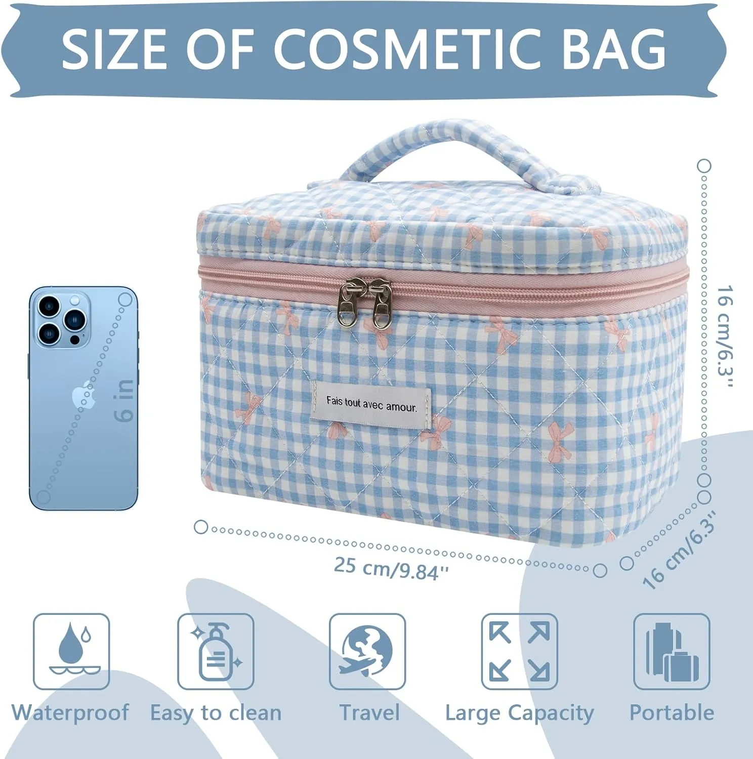 1pc Large Makeup Bag, Cute Cosmetic Bag for Women Girls, Floral Coquette Aesthetic Toiletry Bag, Travel Make Up Organizer Bag (Blue Plaid Bow