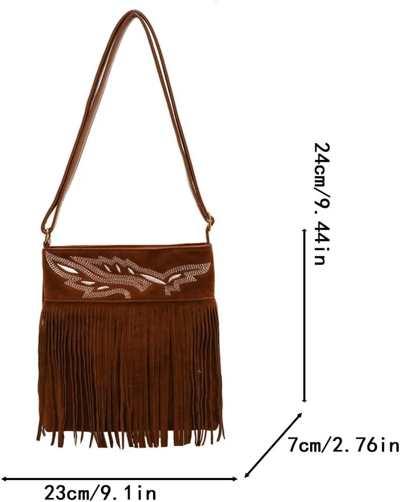 1pcs Women Fringe Hippie Cross body Bag Faux Suede Shoulder Bag Hobo Tassel Messenger Bag fringe bags for women