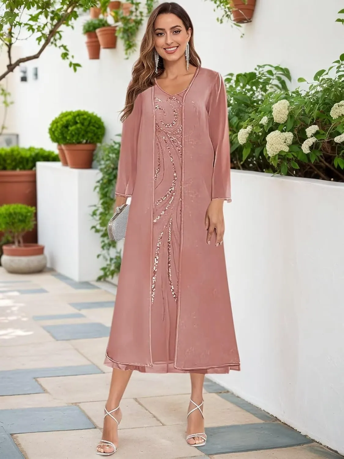 2 Pieces Mother of The Bride Dresses with Jacket Tea Length Sequin Beaded Wedding Guest Dress Chiffon Evening Gown