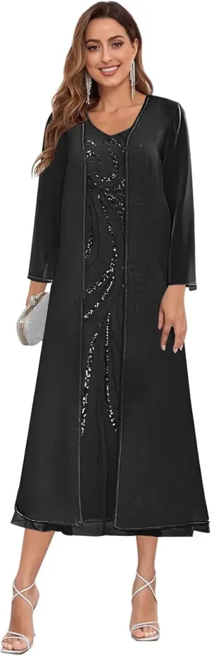 2 Pieces Mother of The Bride Dresses with Jacket Tea Length Sequin Beaded Wedding Guest Dress Chiffon Evening Gown