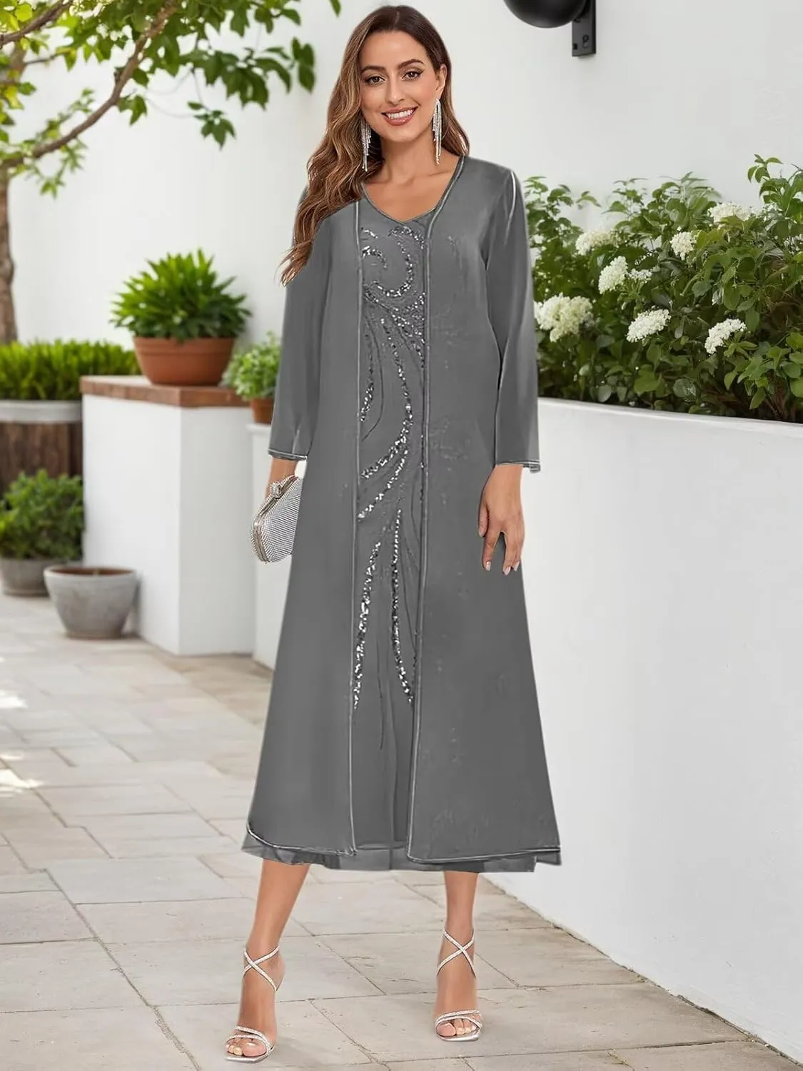 2 Pieces Mother of The Bride Dresses with Jacket Tea Length Sequin Beaded Wedding Guest Dress Chiffon Evening Gown