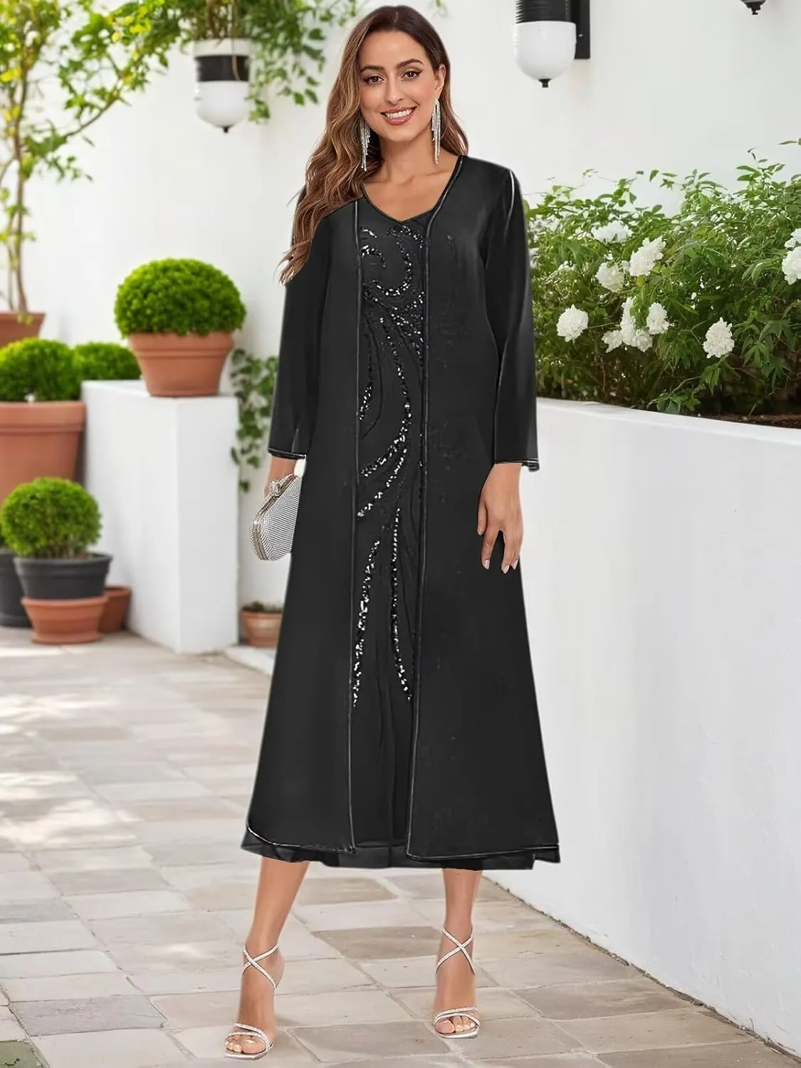 2 Pieces Mother of The Bride Dresses with Jacket Tea Length Sequin Beaded Wedding Guest Dress Chiffon Evening Gown