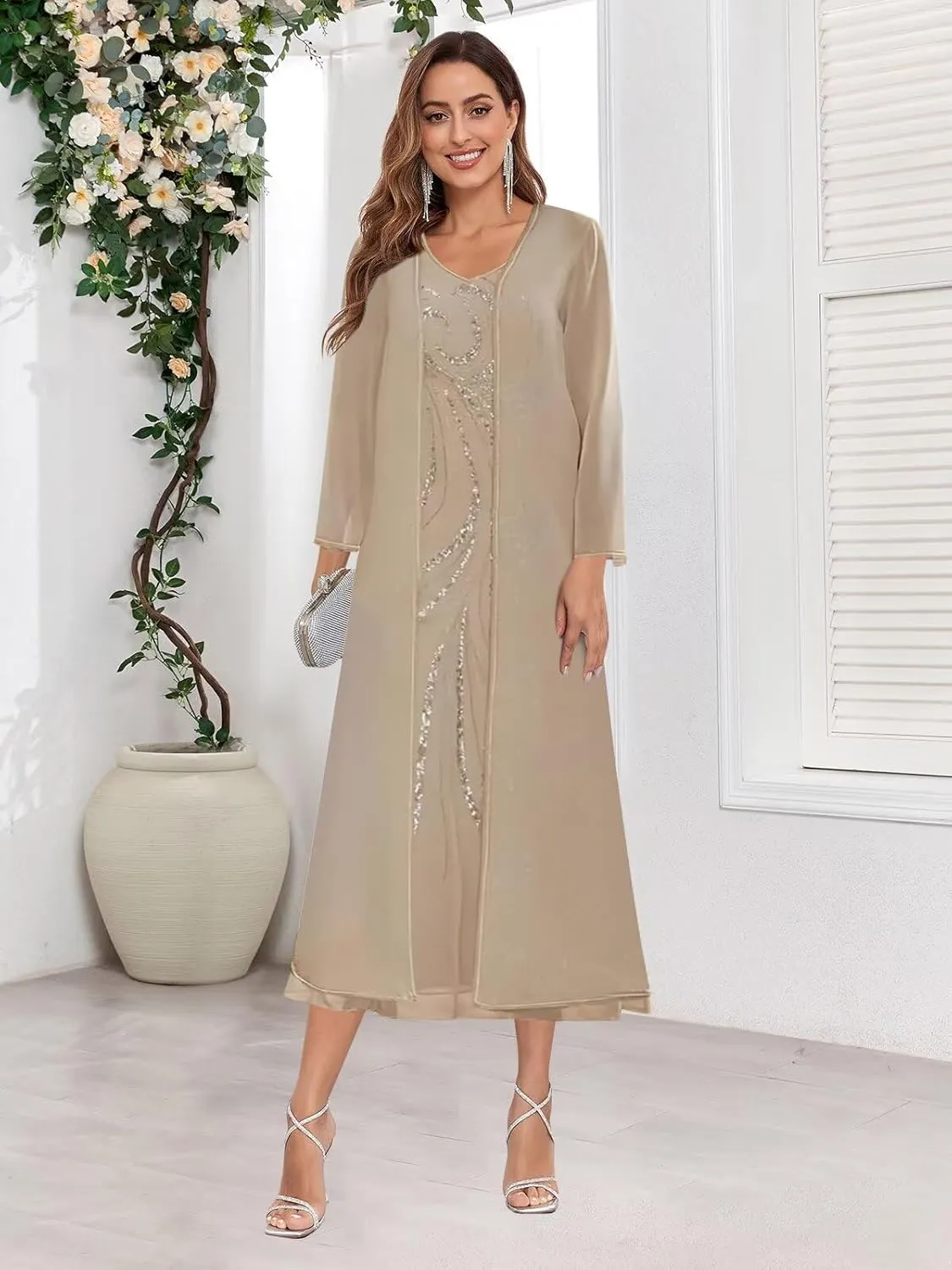 2 Pieces Mother of The Bride Dresses with Jacket Tea Length Sequin Beaded Wedding Guest Dress Chiffon Evening Gown