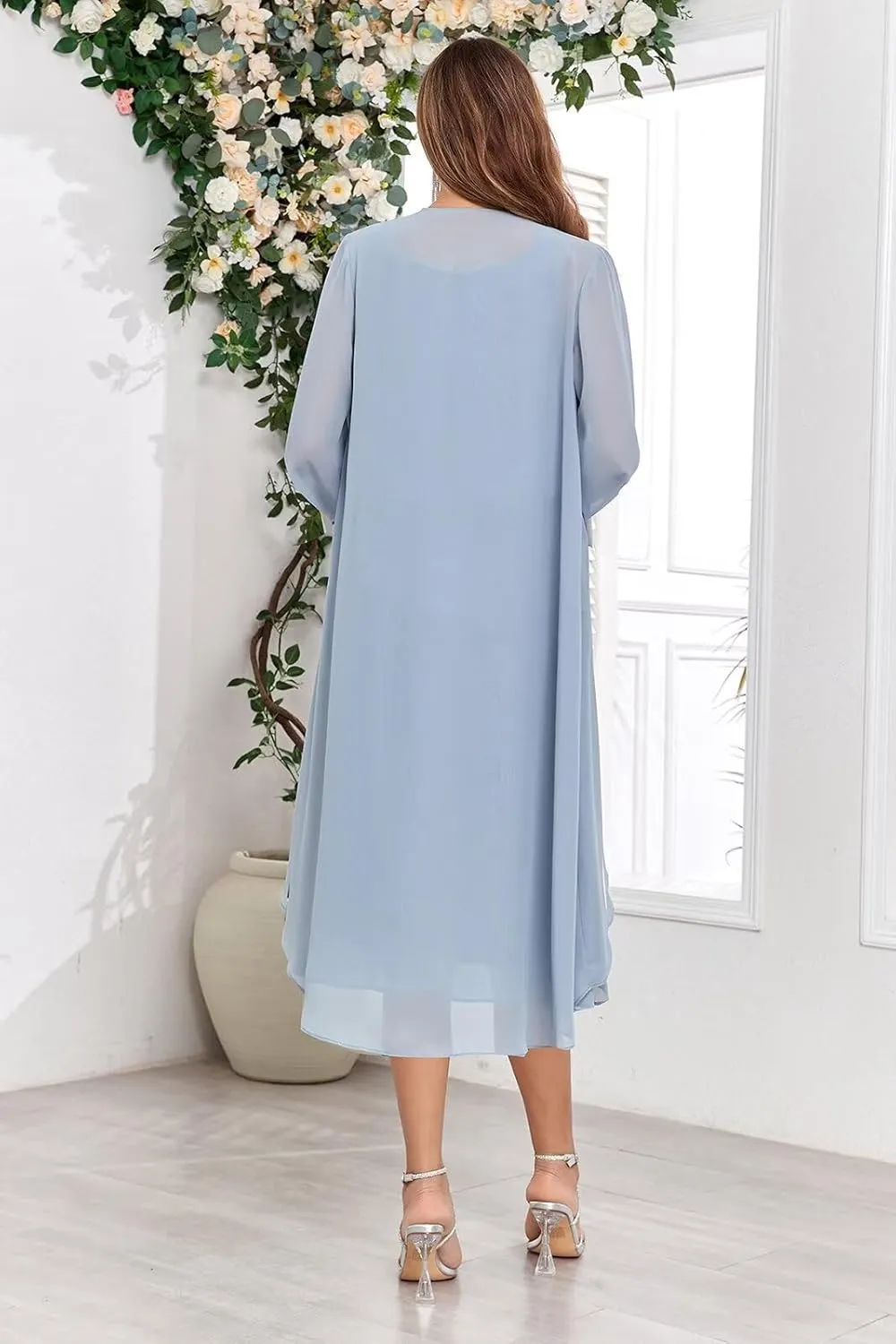2 Pieces Mother of The Bride Dresses with Jacket Tea Length Sequin Beaded Wedding Guest Dress Chiffon Evening Gown