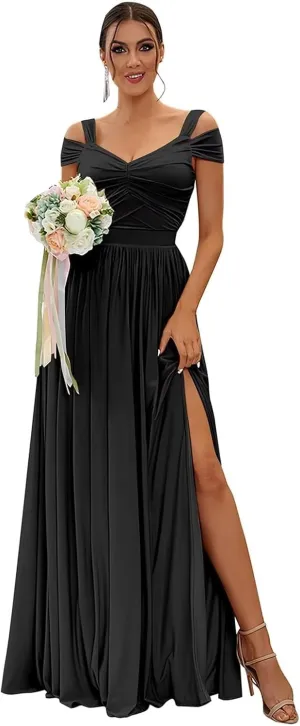 2025 Womens Off The Shoulder Bridesmaid Dresses with Pockets Pleated Chiffon Slit Formal Evening Gowns for Wedding.