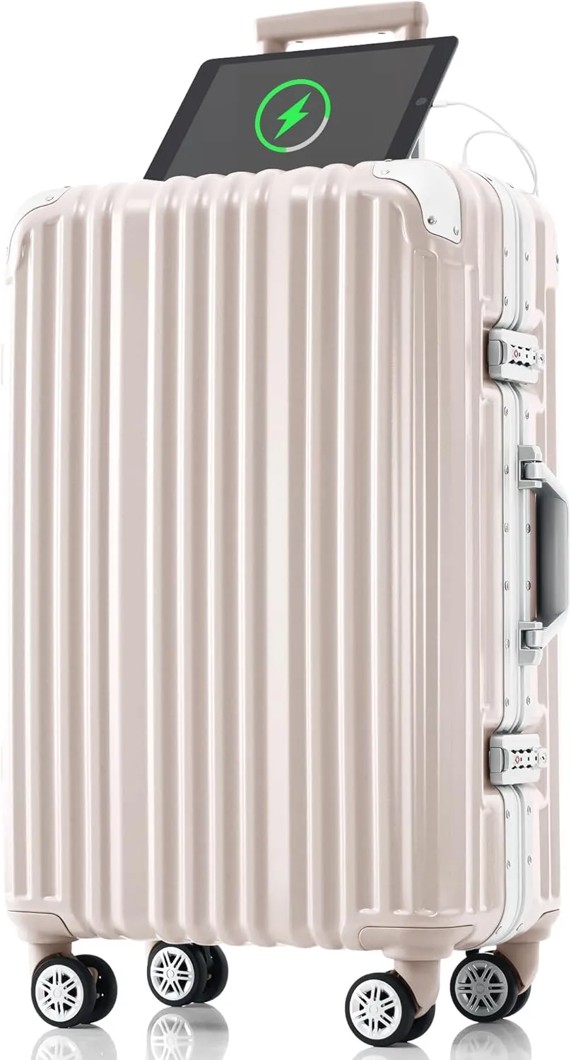 24-Inch Aluminum Frame Luggage with USB Port, Spinner Wheels, for Short Trips, Pink
