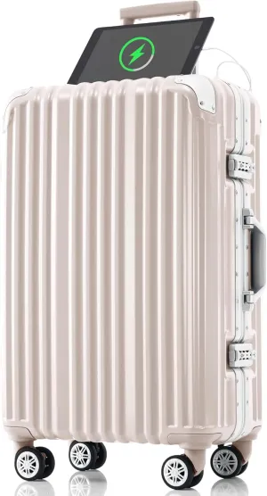 24-Inch Aluminum Frame Luggage with USB Port, Spinner Wheels, for Short Trips, Pink