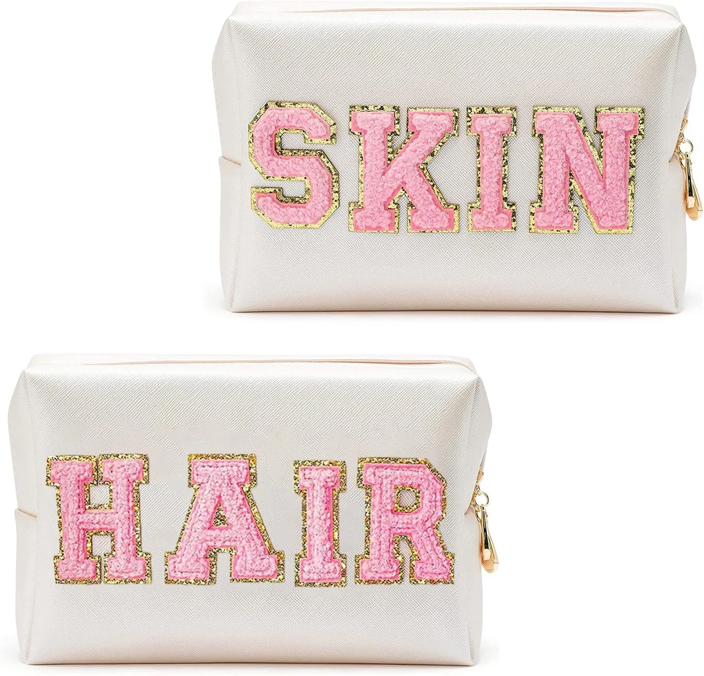 2PCS Preppy Makeup Bag, Travel Cosmetic Bag with Chenille Letter Patch Skin Hair, Travel Zipper Pouch Waterproof Toiletry Bag, Cute Pouch Makeup Organizer for Teen Girls & Women, White