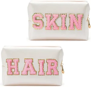 2PCS Preppy Makeup Bag, Travel Cosmetic Bag with Chenille Letter Patch Skin Hair, Travel Zipper Pouch Waterproof Toiletry Bag, Cute Pouch Makeup Organizer for Teen Girls & Women, White