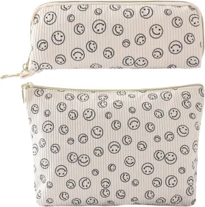 2Pcs Smile Face Makeup Bag Set,Cute Cosmetic Bag,Aesthetic Corduroy Make up Bag Travel Toiletry Bag Ladies Zipper Pouch for Women Girls,for Travel,Car Essentials Bag (smiley face)