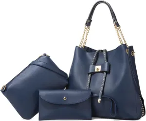 3-PC Tote Bags Faux Leather Purses and Handbags for Women Top-handle Bags Bowknot Shoulder Satchel Hobo Bags Yellow