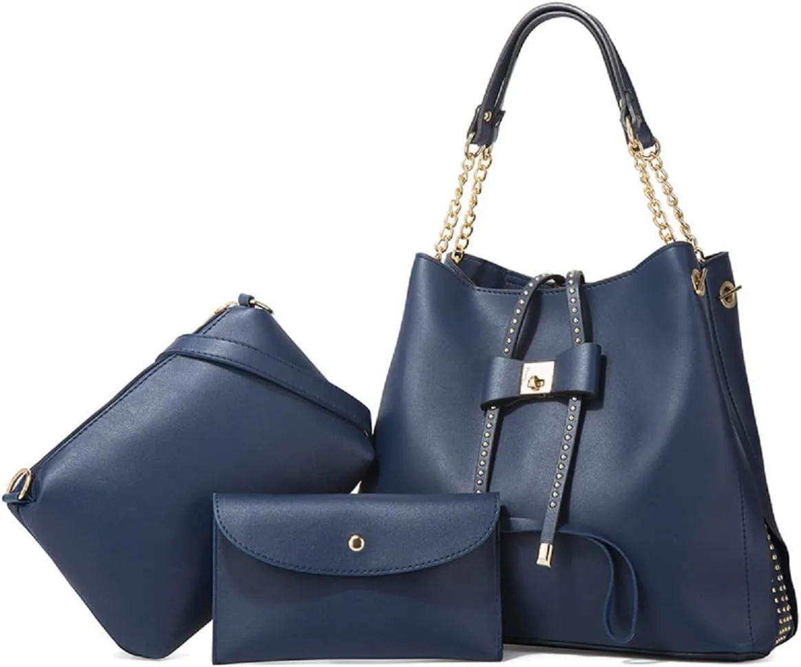 3-PC Tote Bags Faux Leather Purses and Handbags for Women Top-handle Bags Bowknot Shoulder Satchel Hobo Bags Yellow