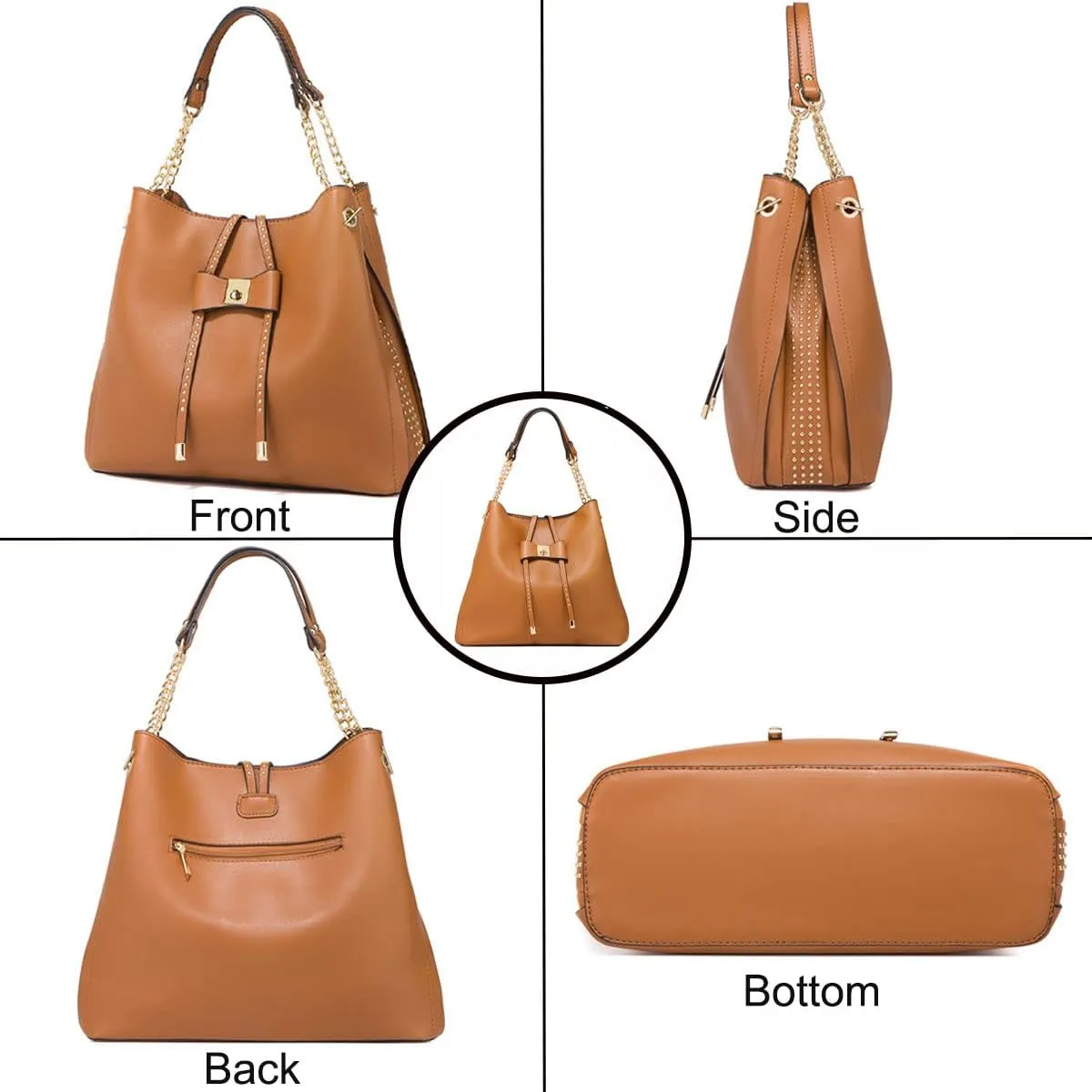 3-PC Tote Bags Faux Leather Purses and Handbags for Women Top-handle Bags Bowknot Shoulder Satchel Hobo Bags Yellow