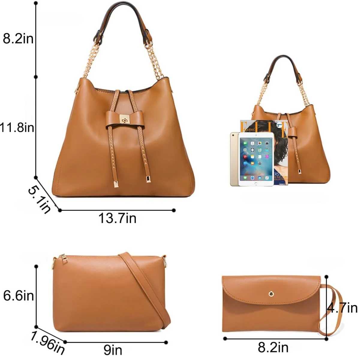 3-PC Tote Bags Faux Leather Purses and Handbags for Women Top-handle Bags Bowknot Shoulder Satchel Hobo Bags Yellow