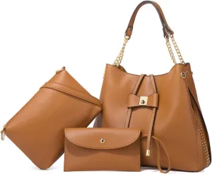 3-PC Tote Bags Faux Leather Purses and Handbags for Women Top-handle Bags Bowknot Shoulder Satchel Hobo Bags Yellow