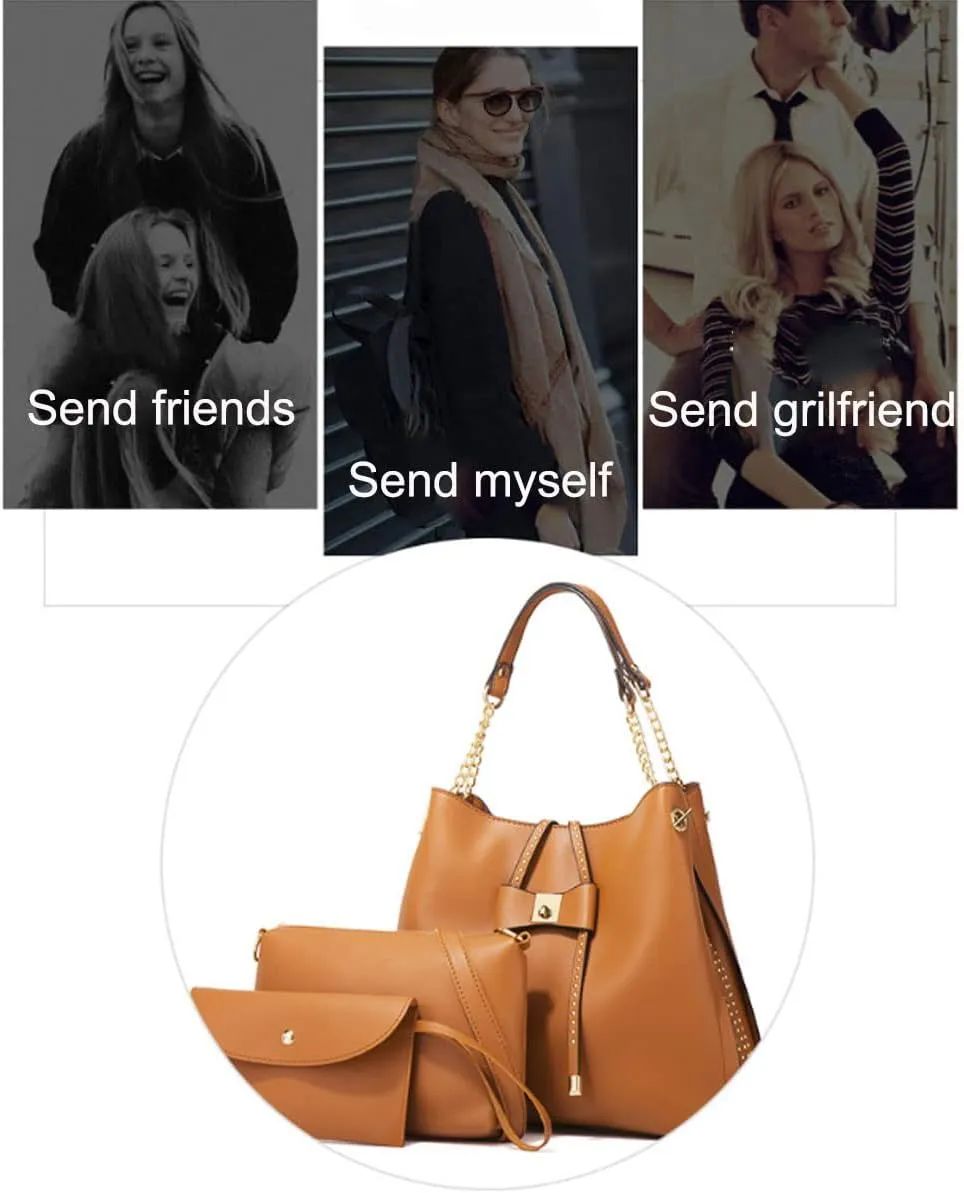 3-PC Tote Bags Faux Leather Purses and Handbags for Women Top-handle Bags Bowknot Shoulder Satchel Hobo Bags Yellow