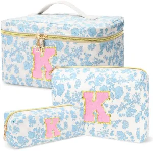 3 PCS Travel Makeup Bag Set, A-Z Initials Cotton Make up Bag Floral Quilted Cosmetic Bag for Girls and Women, Personalized Cute Toiletry Bag Travel Accessories Brushes Bag Blue - K