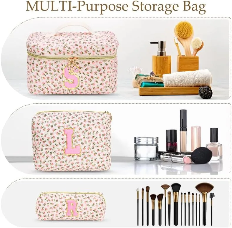 3 PCS Travel Makeup Bag Set, A-Z Initials Cotton Make up Bag Floral Quilted Cosmetic Bag for Girls and Women, Personalized Cute Toiletry Bag Travel Accessories Brushes Bag Blue - K