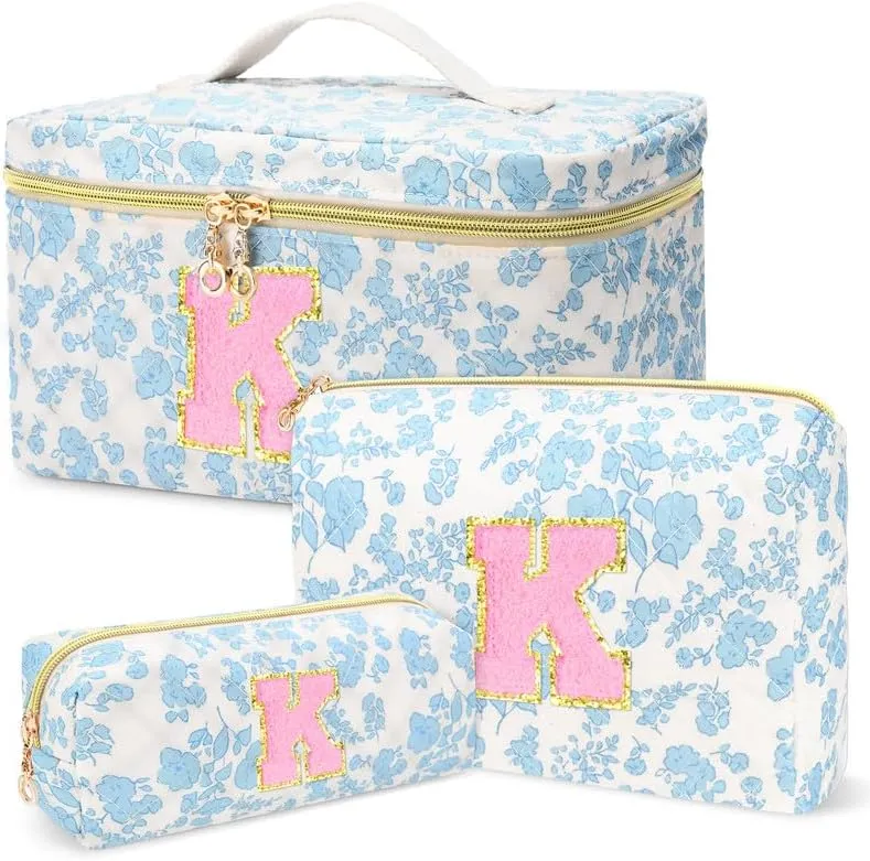3 PCS Travel Makeup Bag Set, A-Z Initials Cotton Make up Bag Floral Quilted Cosmetic Bag for Girls and Women, Personalized Cute Toiletry Bag Travel Accessories Brushes Bag Blue - K