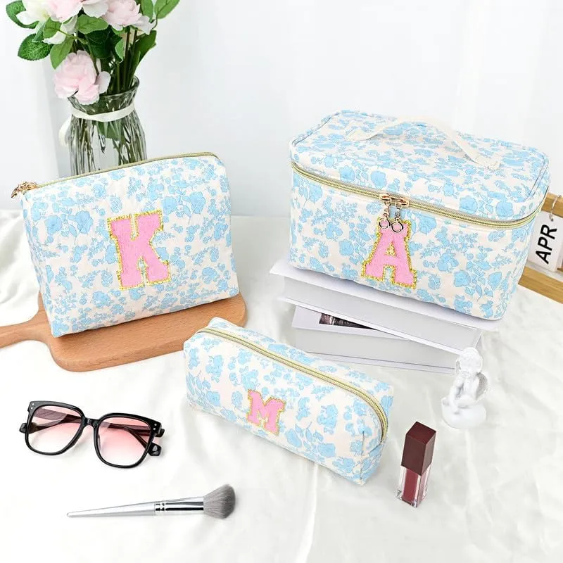 3 PCS Travel Makeup Bag Set, A-Z Initials Cotton Make up Bag Floral Quilted Cosmetic Bag for Girls and Women, Personalized Cute Toiletry Bag Travel Accessories Brushes Bag Blue - K