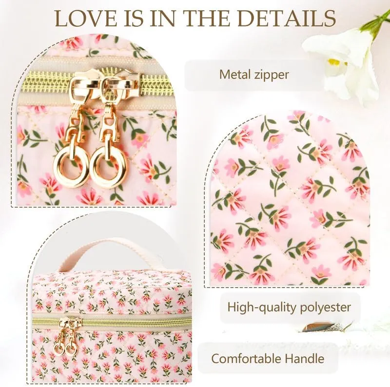 3 PCS Travel Makeup Bag Set, A-Z Initials Cotton Make up Bag Floral Quilted Cosmetic Bag for Girls and Women, Personalized Cute Toiletry Bag Travel Accessories Brushes Bag Blue - K