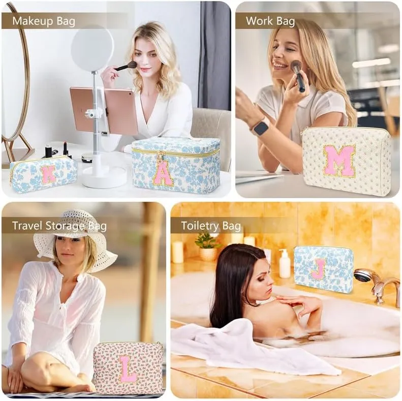 3 PCS Travel Makeup Bag Set, A-Z Initials Cotton Make up Bag Floral Quilted Cosmetic Bag for Girls and Women, Personalized Cute Toiletry Bag Travel Accessories Brushes Bag Blue - K