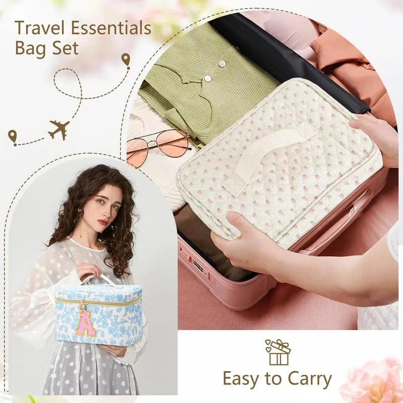 3 PCS Travel Makeup Bag Set, A-Z Initials Cotton Make up Bag Floral Quilted Cosmetic Bag for Girls and Women, Personalized Cute Toiletry Bag Travel Accessories Brushes Bag Blue - K