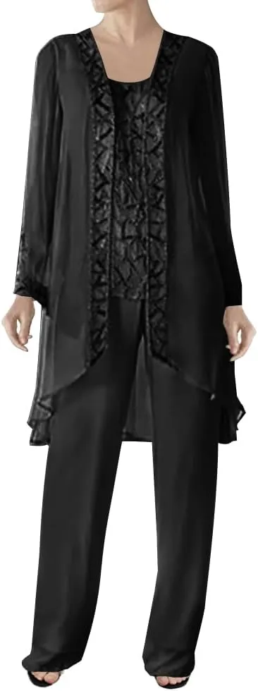 3 Pieces Mother of The Bride Dress Pant Suits Beaded Evening Formal Dress Chiffon Jacket Wedding Guest Groom Women's