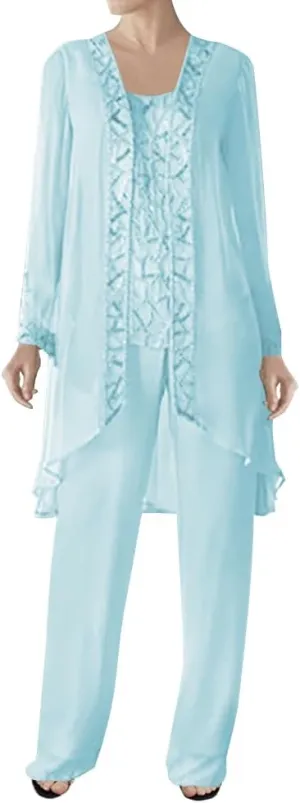 3 Pieces Mother of The Bride Dress Pant Suits Beaded Evening Formal Dress Chiffon Jacket Wedding Guest Groom Women's