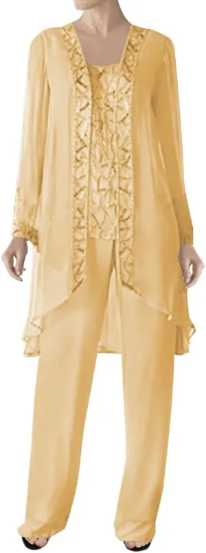 3 Pieces Mother of The Bride Dress Pant Suits Beaded Evening Formal Dress Chiffon Jacket Wedding Guest Groom Women's