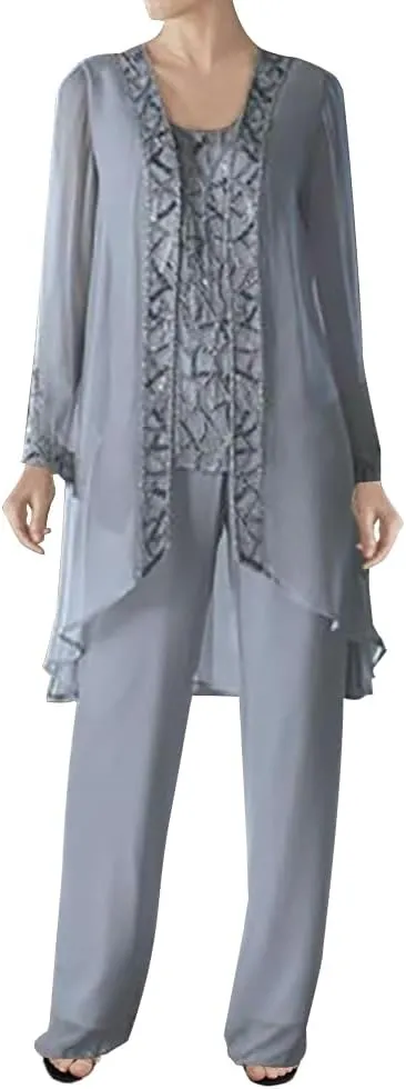 3 Pieces Mother of The Bride Dress Pant Suits Beaded Evening Formal Dress Chiffon Jacket Wedding Guest Groom Women's