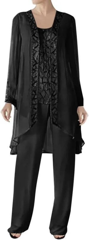 3 Pieces Mother of The Bride Dress Pant Suits Beaded Evening Formal Dress Chiffon Jacket Wedding Guest Groom Women's