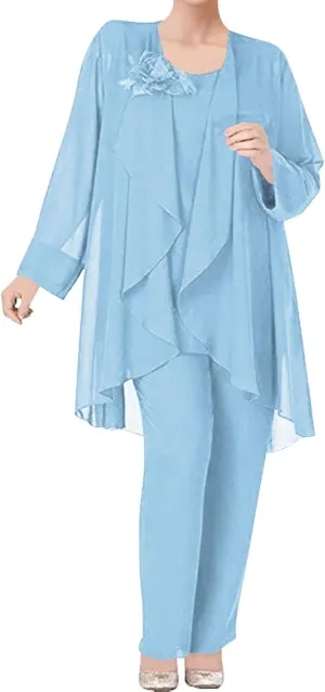 3 Pieces Mother of The Bride Dress Pant Suits Chiffon Flower Evening Formal Dress for Wedding Guest Groom Women's