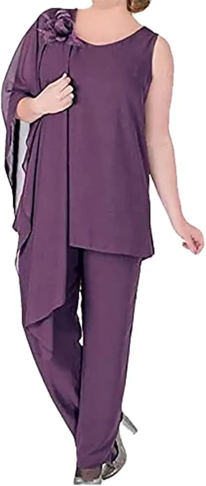 3 Pieces Mother of The Bride Dress Pant Suits Chiffon Flower Evening Formal Dress for Wedding Guest Groom Women's