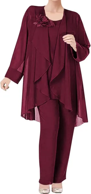 3 Pieces Mother of The Bride Dress Pant Suits Chiffon Flower Evening Formal Dress for Wedding Guest Groom Women's
