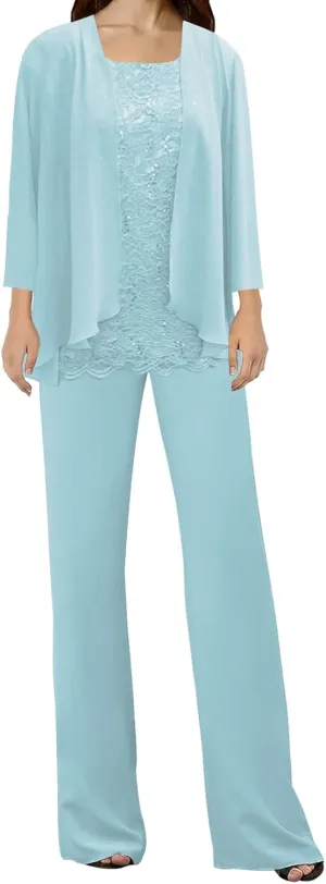 3 Pieces Mother of The Bride Dress Pant Suits Lace Evening Formal Dress for Wedding Guest Groom Women's