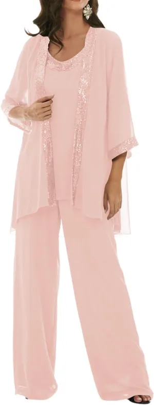 3 Pieces Mother of The Bride Dresses Pant Suits Chiffon Wedding Guest Groom Formal Outfit Sets Sequins with Jacket