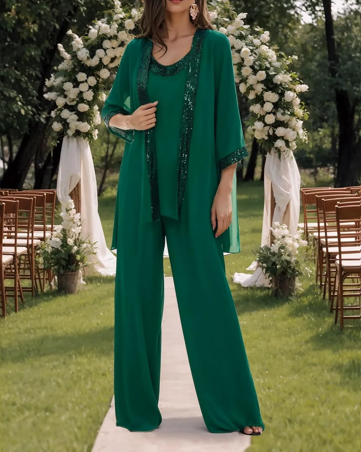 3 Pieces Mother of The Bride Dresses Pant Suits Chiffon Wedding Guest Groom Formal Outfit Sets Sequins with Jacket