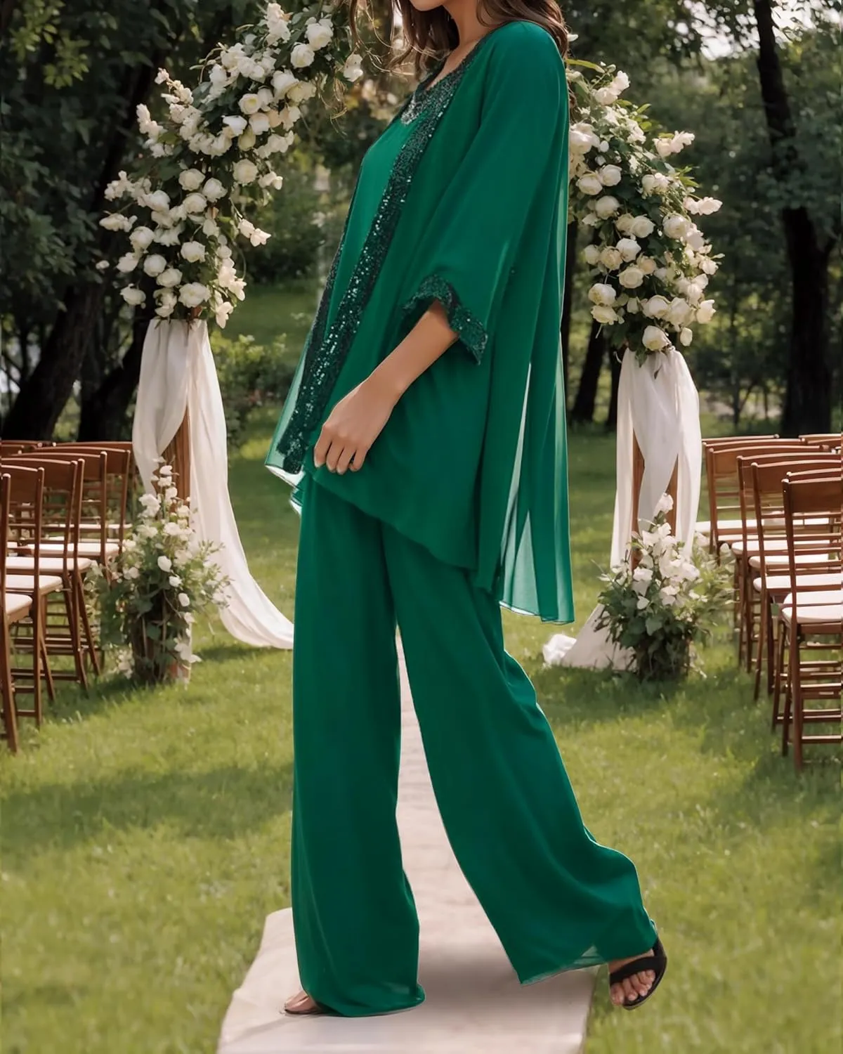 3 Pieces Mother of The Bride Dresses Pant Suits Chiffon Wedding Guest Groom Formal Outfit Sets Sequins with Jacket
