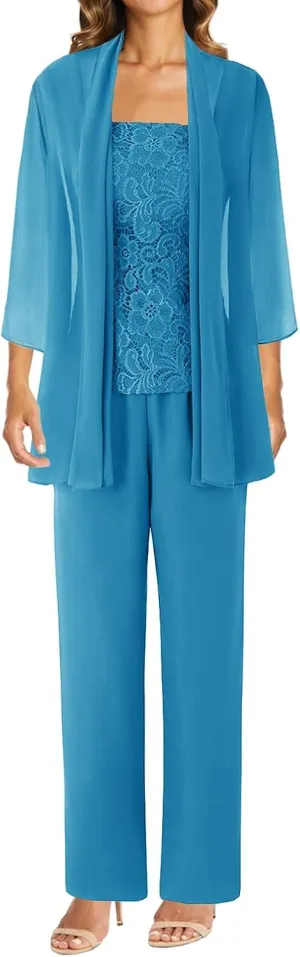 3 Pieces Mother of The Bride Dresses Pant Suits Lace Evening Formal Dress for Wedding Guest Groom Dress Chiffon Jacket