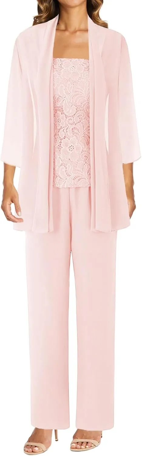 3 Pieces Mother of The Bride Dresses Pant Suits Lace Evening Formal Dress for Wedding Guest Groom Dress Chiffon Jacket