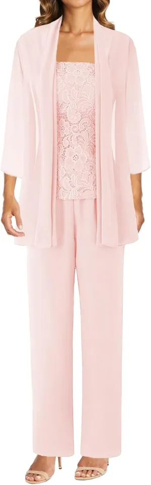 3 Pieces Mother of The Bride Dresses Pant Suits Lace Evening Formal Dress for Wedding Guest Groom Dress Chiffon Jacket