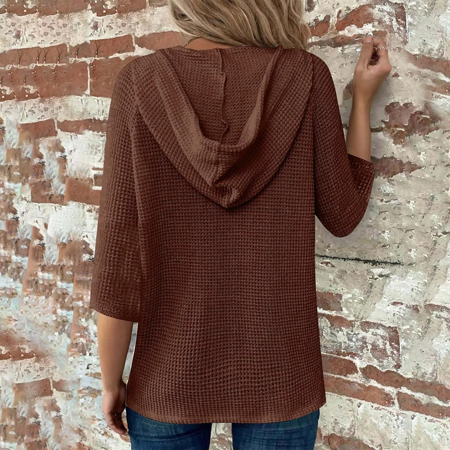3/4 Length Sleeve Spring Tops for Women 2025 Waffle Knit Hooded Shirts Drawstring Buttons V Neck Blouses Comfy Clothes